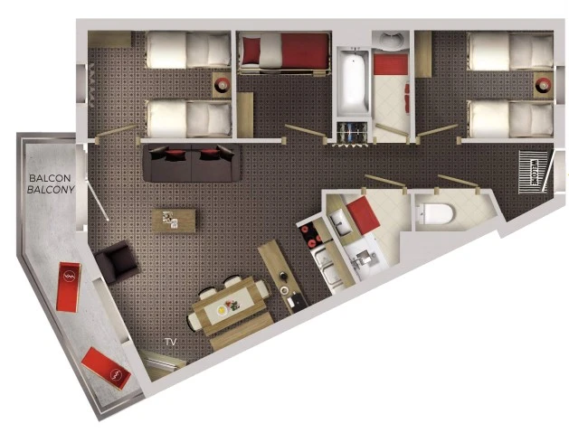 Village Montaina in Val Thorens - plattegrond van het 3-kamer apt. + cabine voor max. 6 pers.